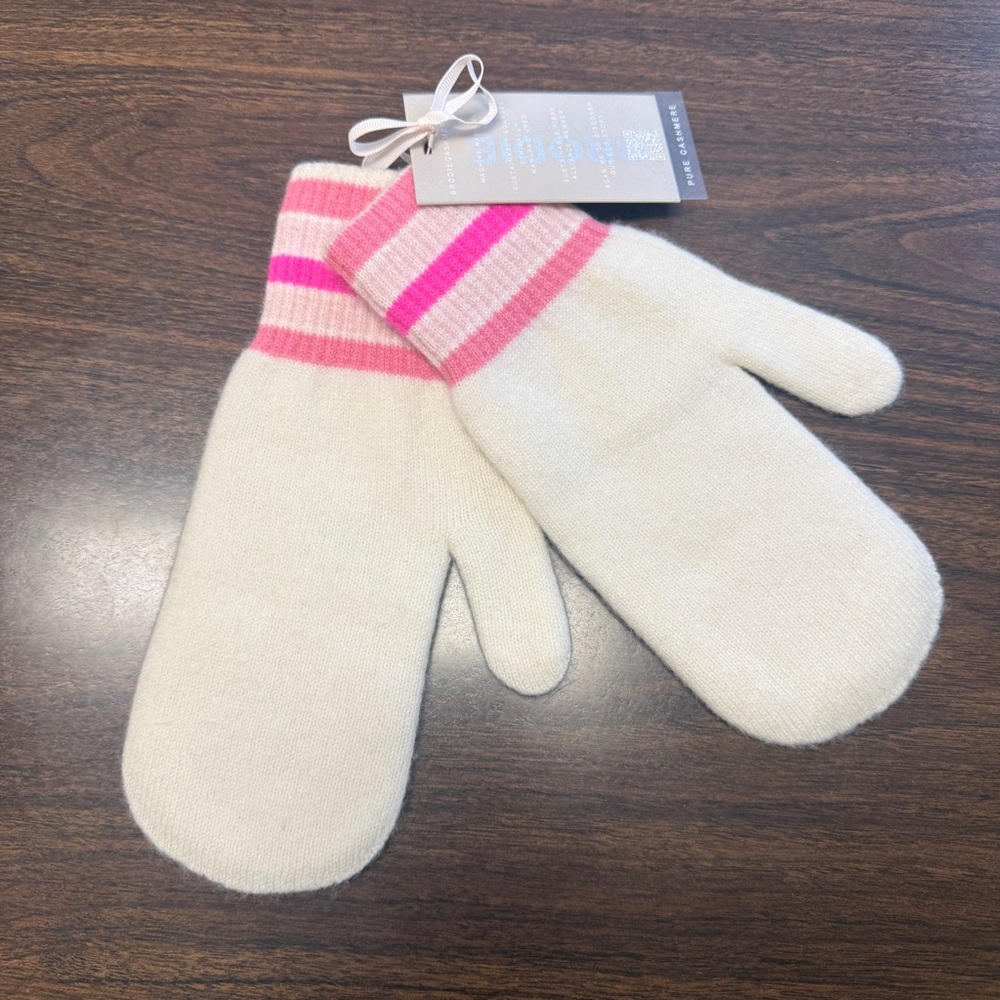 Brodie Cashmere Mittens in Ivory with Pink Stripes  NWT